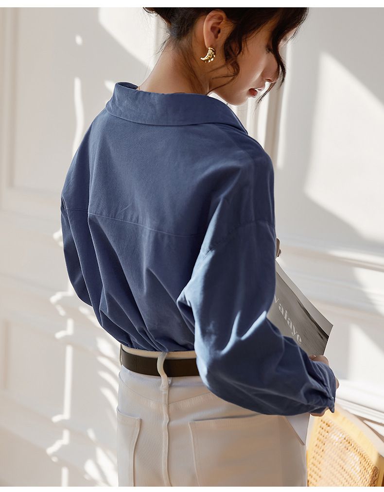 法式溫柔純色基礎長袖襯衫-咖啡色