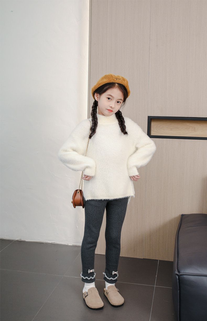 FANMOU - 加絨腰鬆緊兒童內搭褲-木耳邊蝴蝶結-深灰色