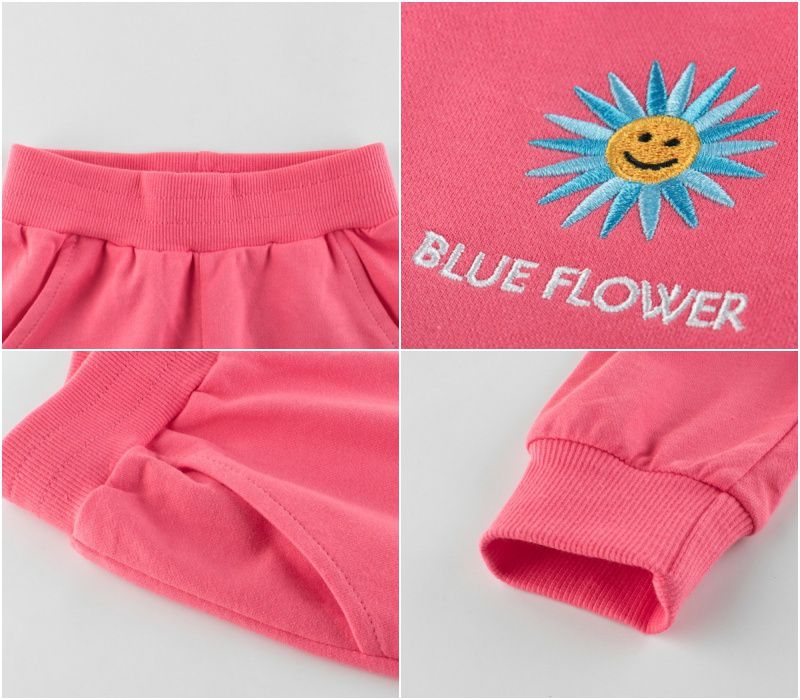 純棉縮口運動長褲-花朵刺繡-黑色