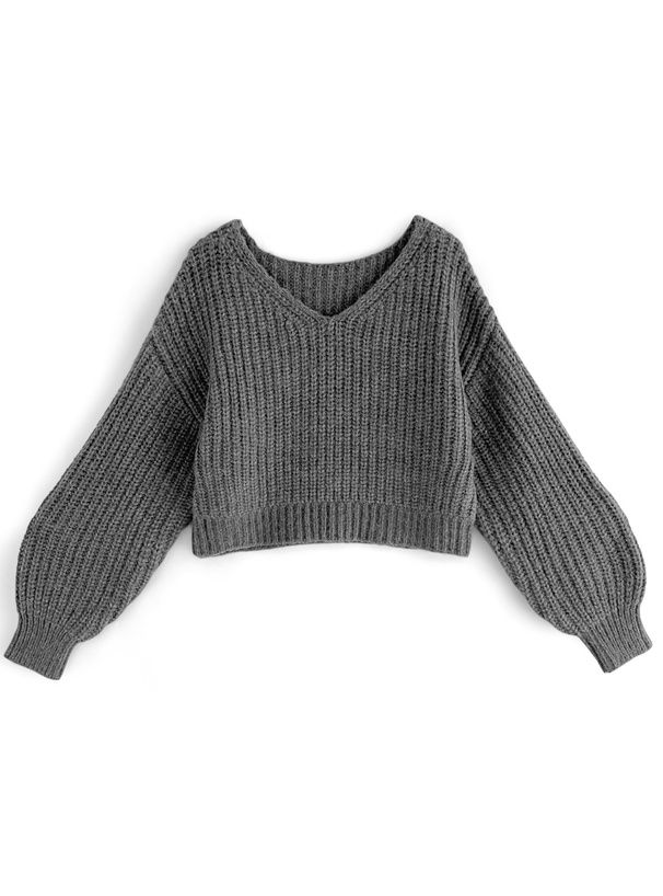 日本 GRL - 聯名款 V領鉤針編輯泡泡袖毛衣-卡其 (F)