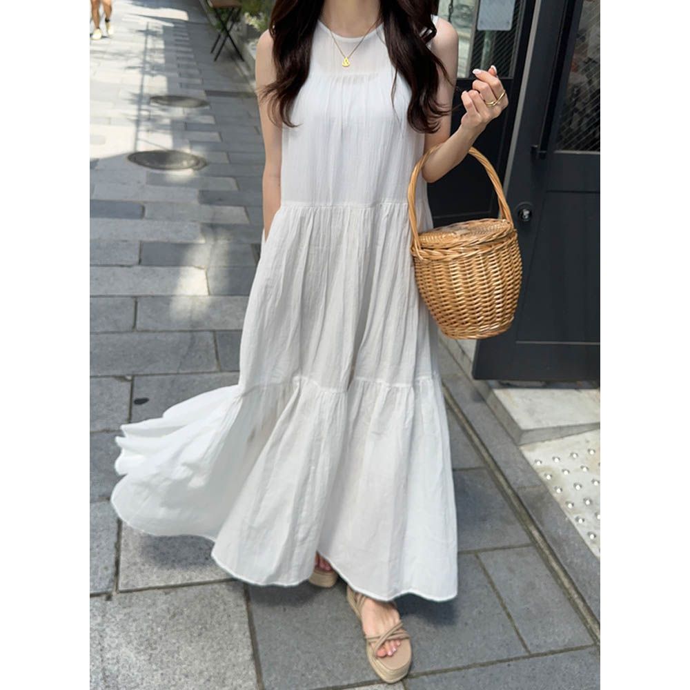 真夏飄逸感分層無袖洋裝-白 (F)