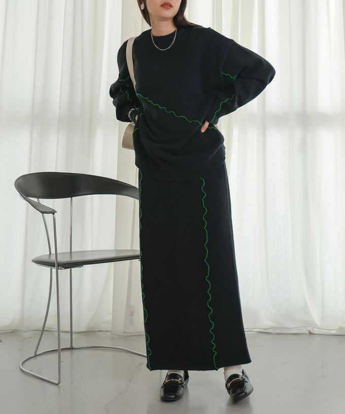 日本 Bab - 不規則狀色滾邊修身長裙-灰x深藍