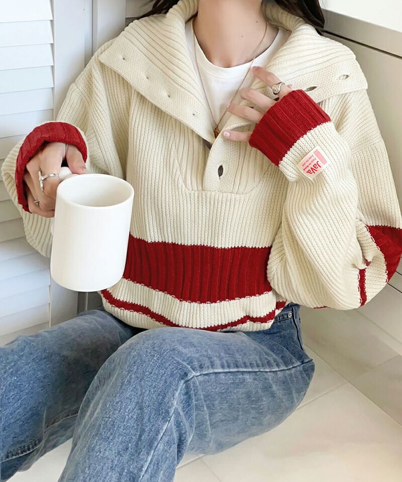 日本 Classical Elf - 排釦翻領撞色羅紋針織上衣-淺米x咖啡