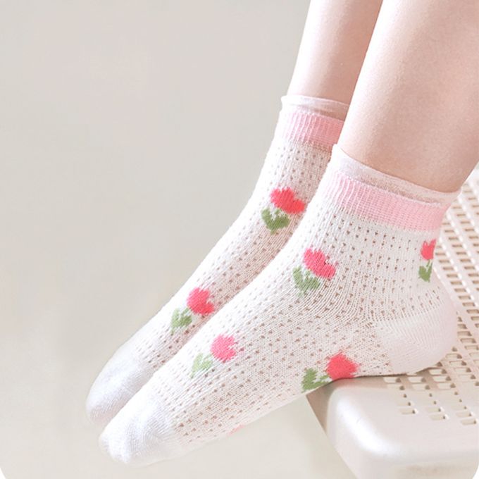 love, charlotte - 粉紅花朵兔兔網眼短筒棉襪 (XL (腳長19-21cm))-5 雙一組