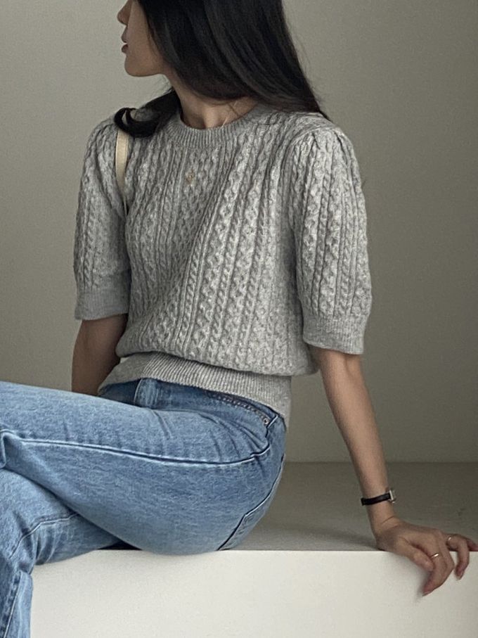 韓國女裝連線 - 麻花辮編織五分袖針織上衣-淺灰 (FREE)
