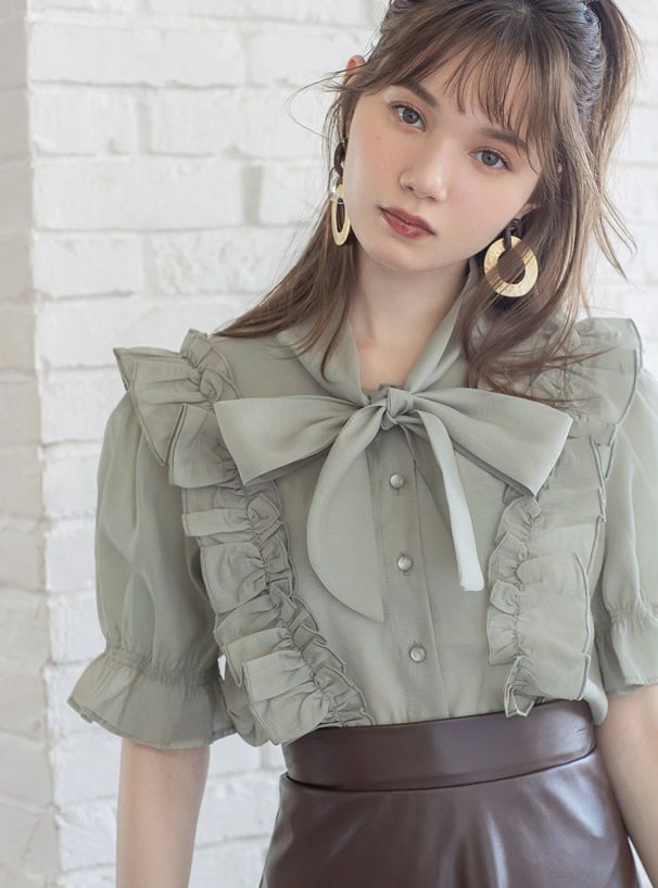 日本 GRL - 純棉優雅荷葉邊蝴蝶結綁帶短袖襯衫-莫蘭迪綠