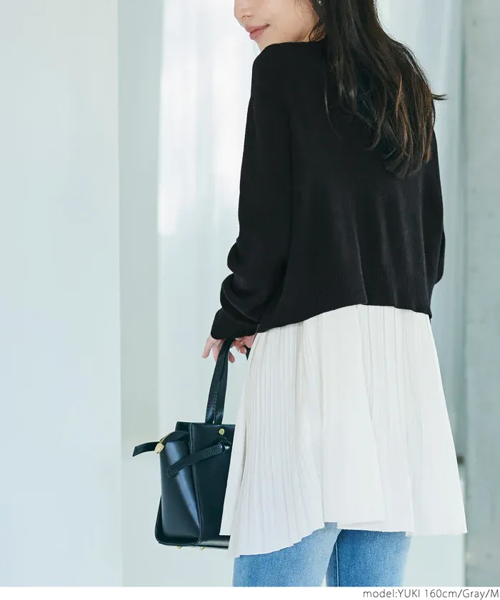 日本 COCA - 細摺拼接圓領針織長袖上衣-黑