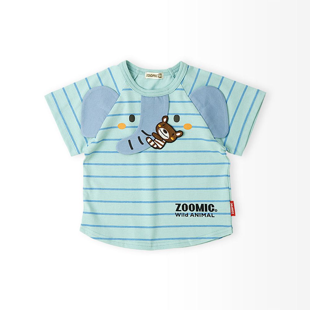 立體大象溜滑梯天竺棉短袖上衣-水藍