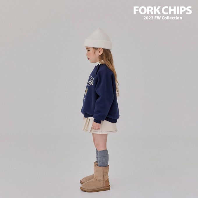 韓國 FORK CHIPS - (內磨毛)刺繡點綴圓領大學T-深藍