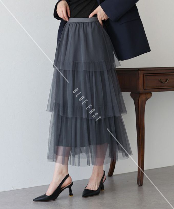 日本 BLUE EAST - 夢幻搖曳感層次薄紗長裙-炭灰