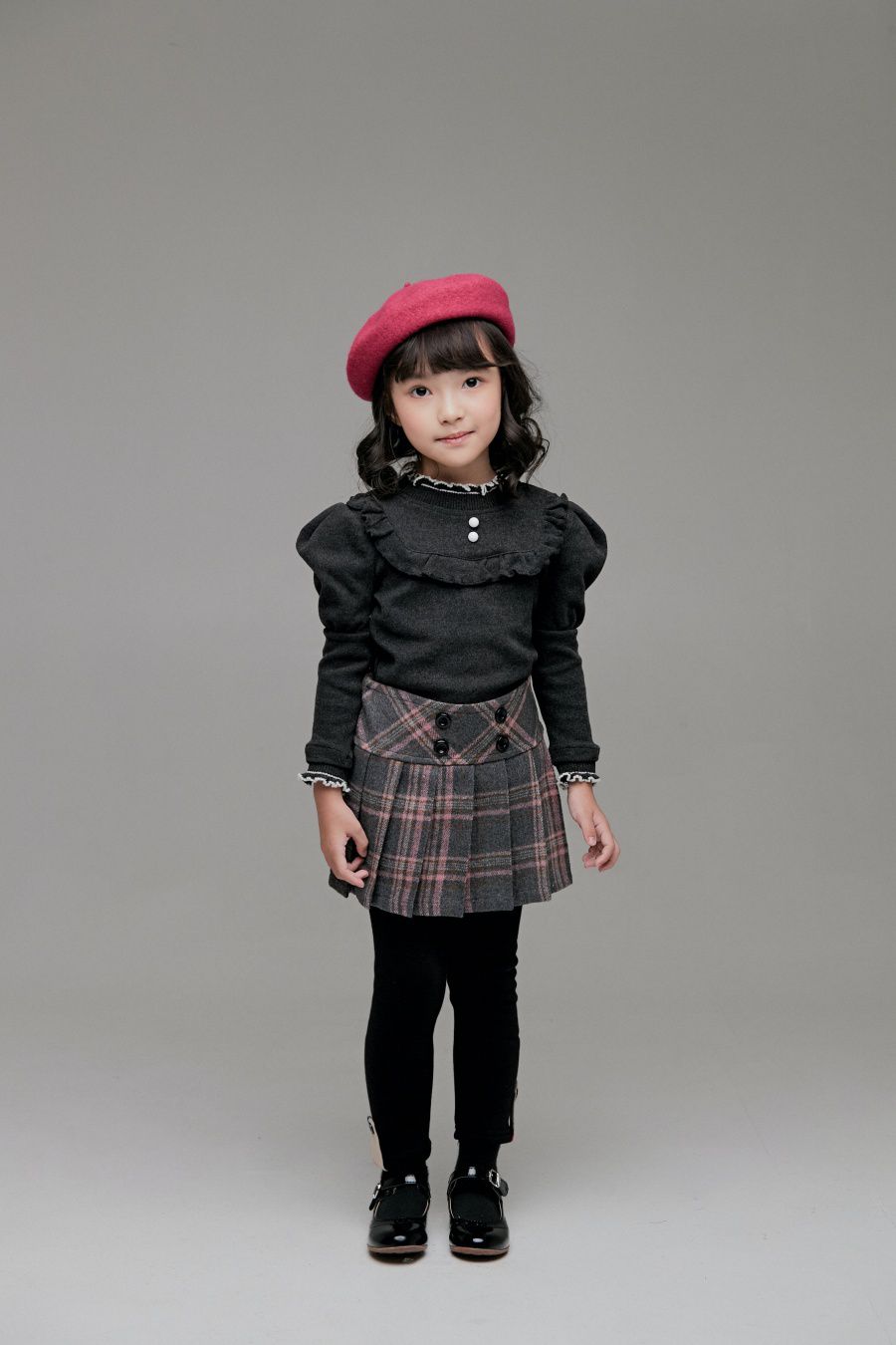 韓國 Coco Bang - 格紋學院風百褶裙-淺灰X粉紅