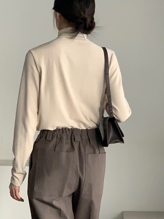 韓國女裝連線 - 百搭中領混羊毛長袖上衣-米杏 (FREE)