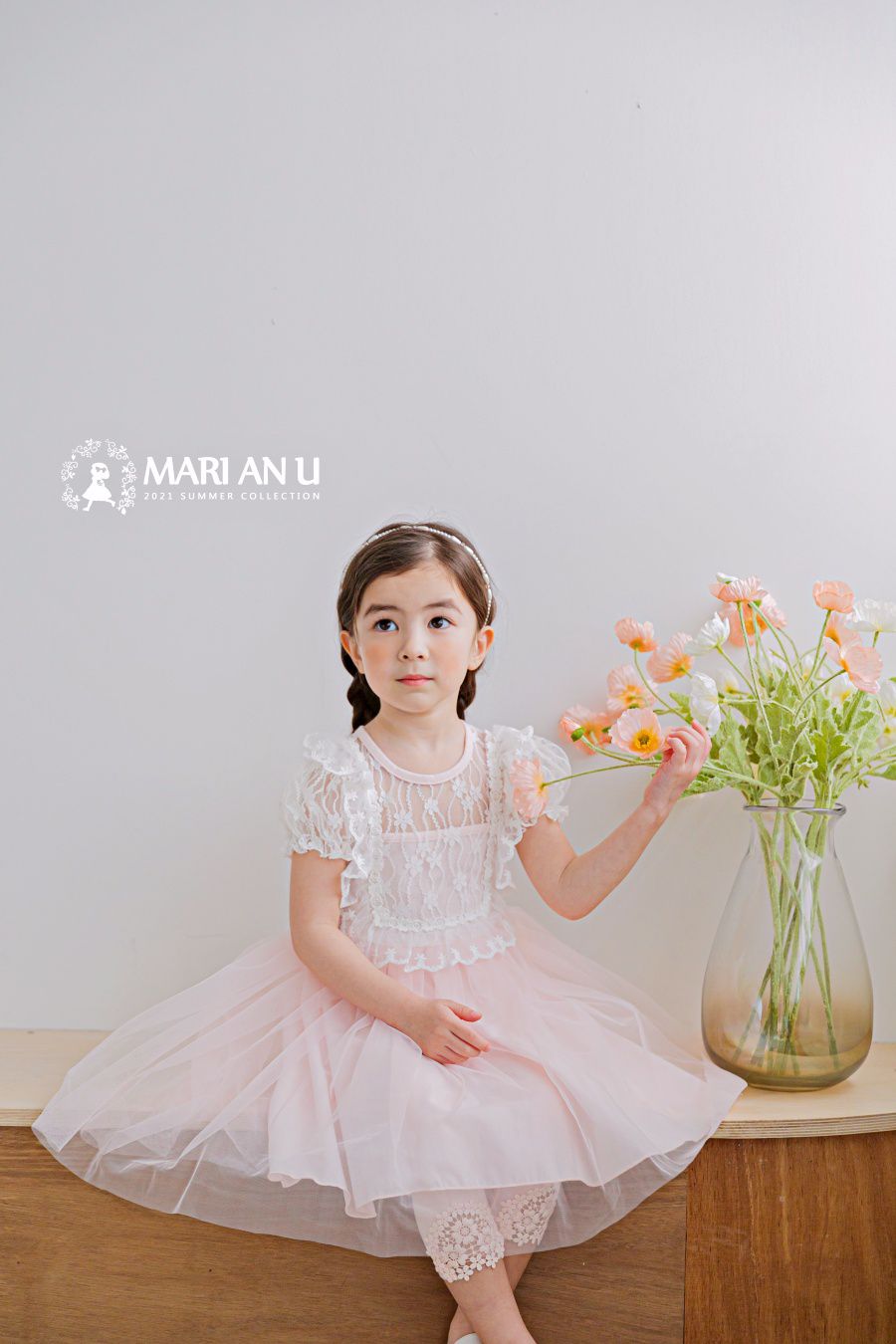 韓國 mari an u - 蕾絲透膚上衣拼接網紗洋裝-粉紅