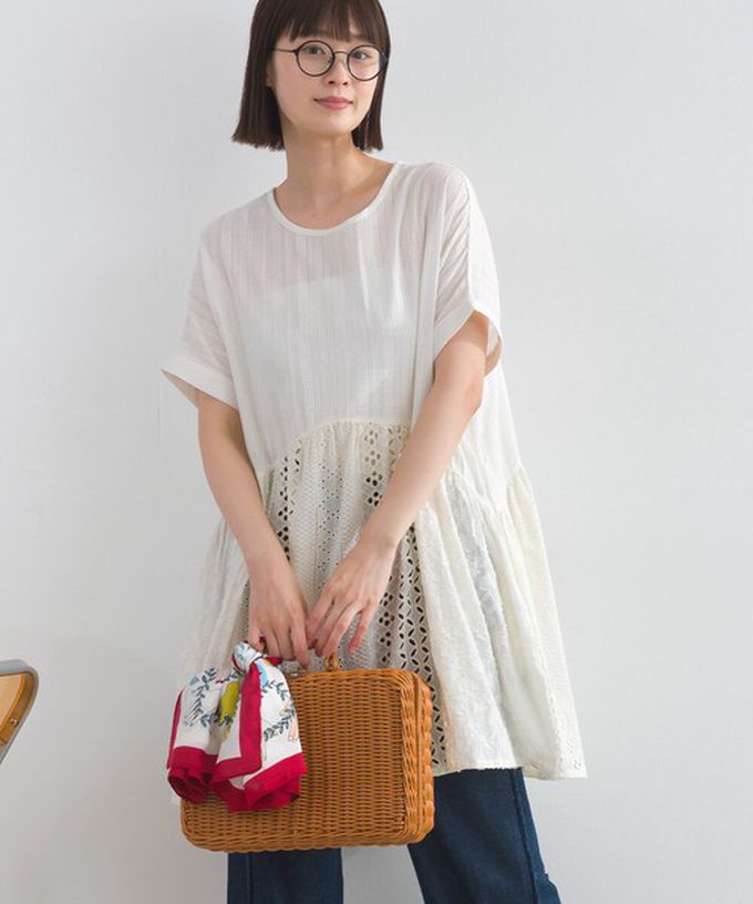 日本 Lupilien - 100%印度棉 柔美緹花長版短袖上衣-桃紅