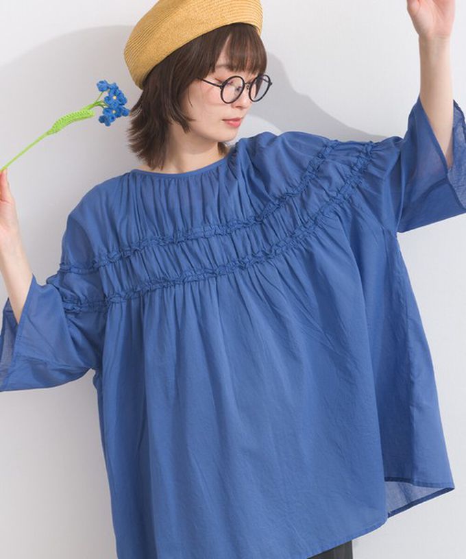 日本 Lupilien - 100%棉 輕盈感皺摺廓形五分袖上衣-藍