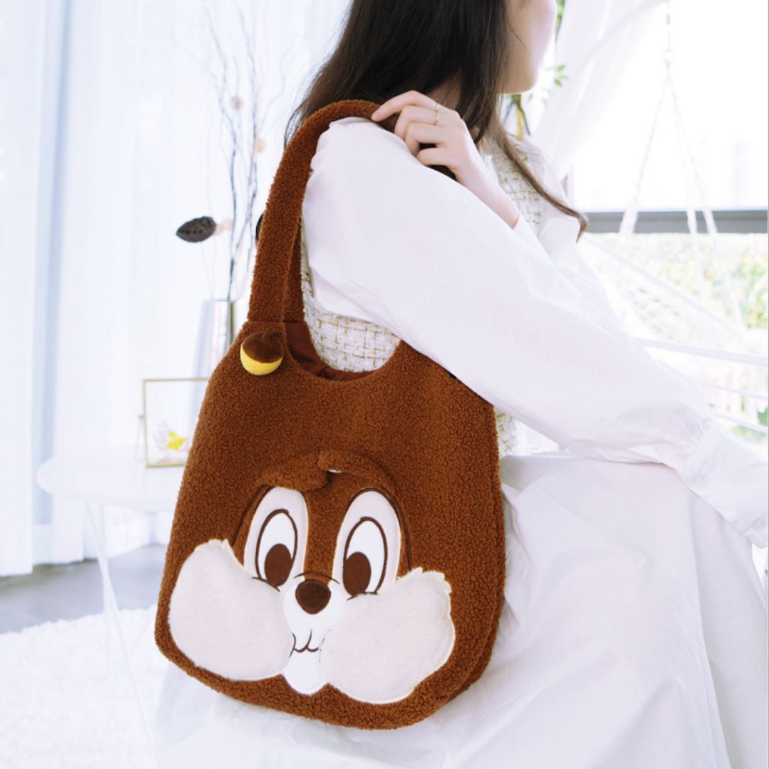 卡通大容量泰迪絨手提袋/單肩包-卡通人物奇奇蒂蒂-棕色 (29x8x33cm)