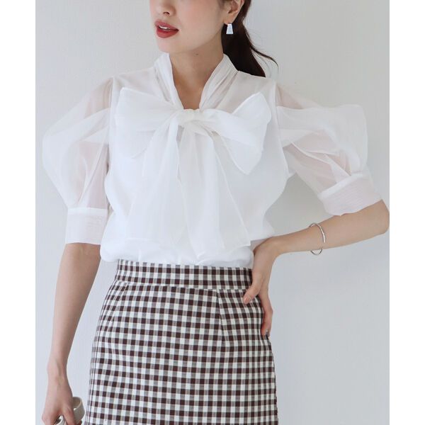 日本 BLUE EAST - 氣質薄紗蝴蝶結泡泡短袖上衣-白