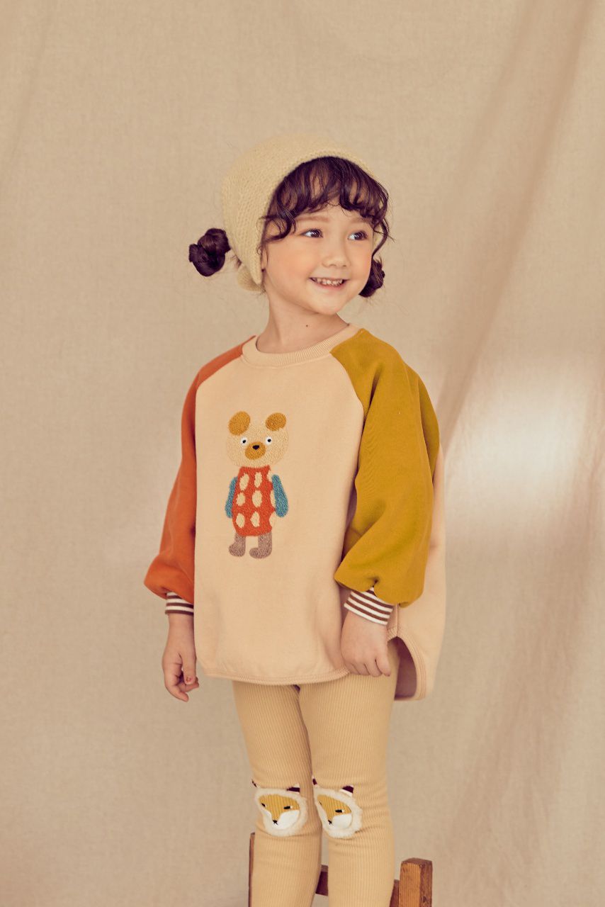 韓國 Mimico - (裏起毛)立體熊熊拼接色T-橘X黃