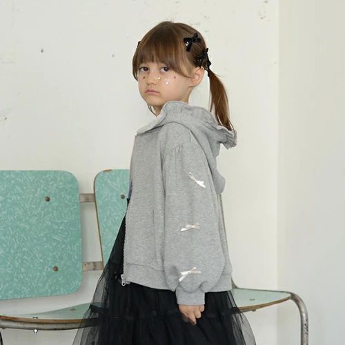 蝴蝶結袖荷葉邊少女連帽外套-灰