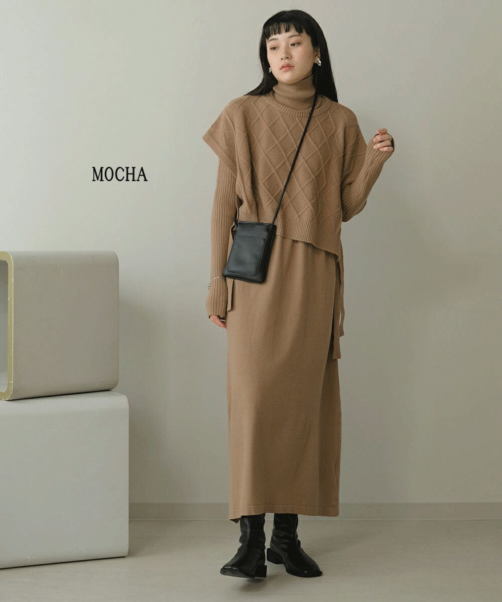 日本 Bou Jeloud - 同色系高領針織背心X長袖洋裝兩件組-米