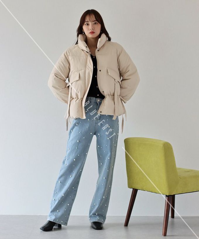 日本 BLUE EAST - 修身甜美側綁帶保暖科技羽絨外套-黑