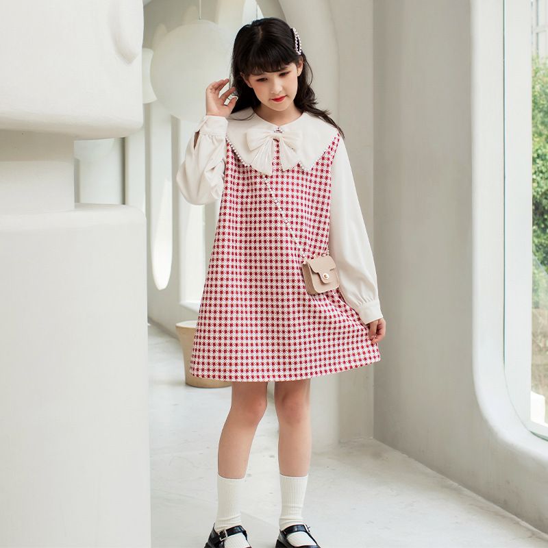 娃娃領泡泡袖格子洋裝-贈小包包-紅+白