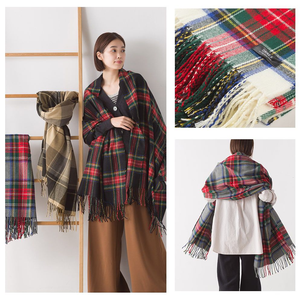 日本 OMNES - 羊毛混紡經典格紋圍巾披肩-C(黑x紅)-900