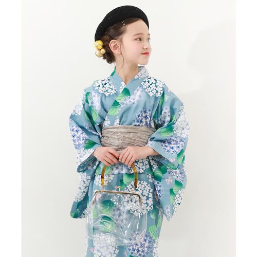 日本 devirock - 純棉夏日祭典花朵浴衣兵兒帶2件組-粉彩繡球花-藍綠