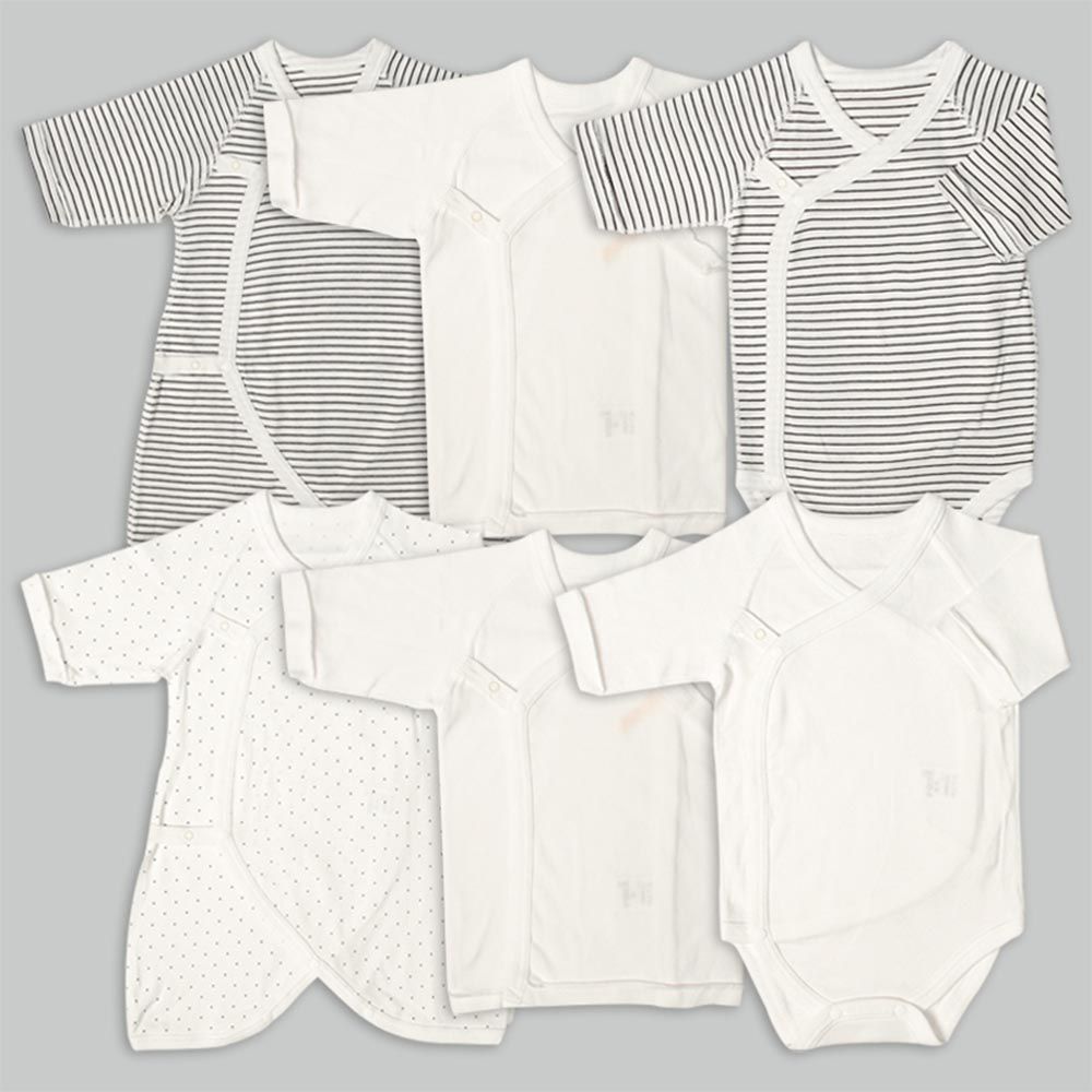 akachan honpo - 長袖新生兒內衣6件組-按扣款 橫紋-米白色 (50~60cm)