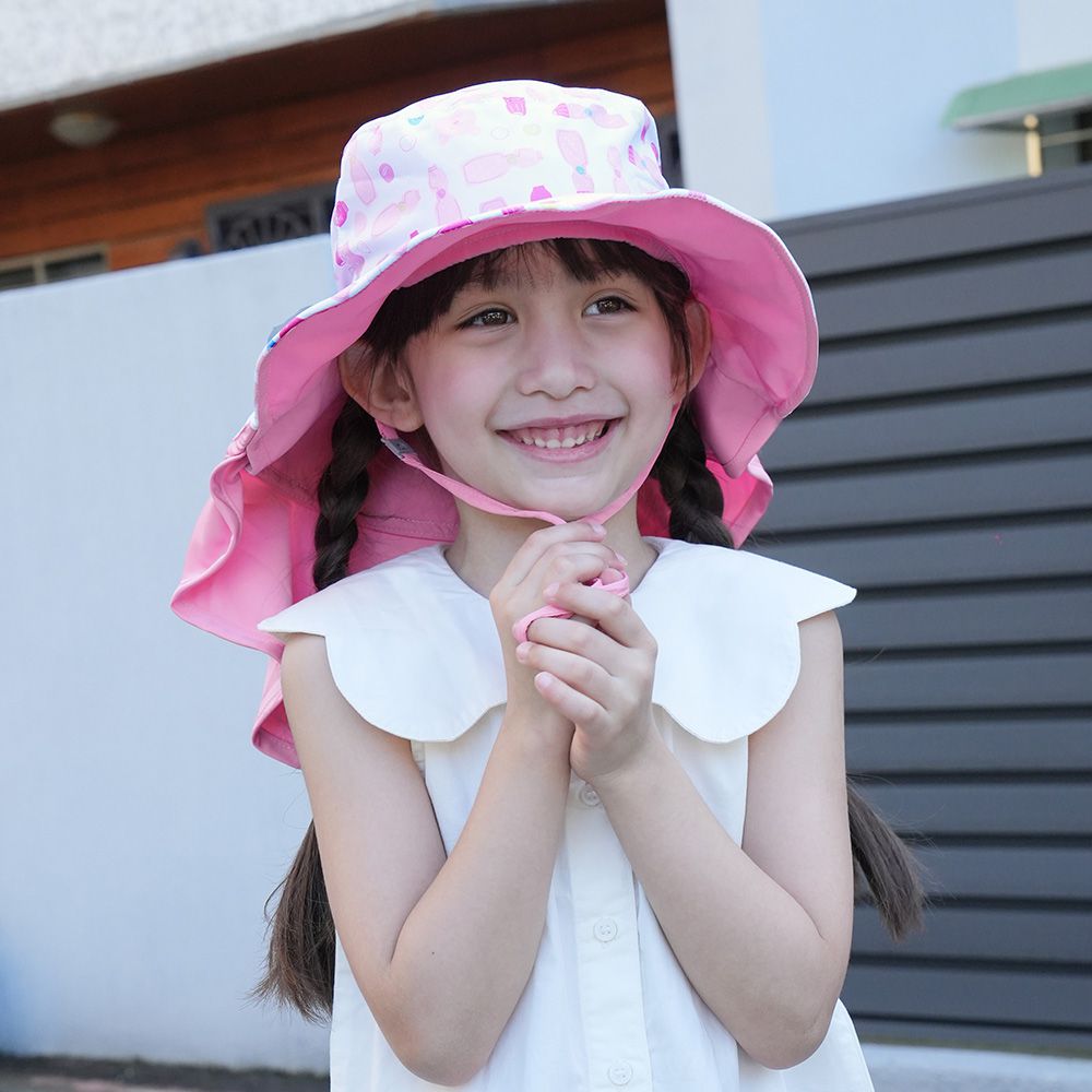 Brille Brille 頸部防護兒童防曬帽(可收放型)-草莓汽水-禮盒包裝、頭圍46-56cm (3-10歲)