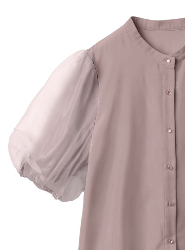 日本 GRL - 微立領薄紗拼接短袖襯衫-煙燻粉 (F)