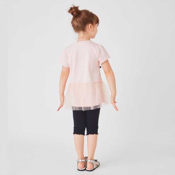 日本 evercloset - 蝴蝶結薄紗拼接短袖上衣-粉紅