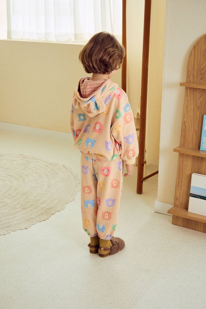 韓國 Mimico - 鬆緊腰多彩熊熊休閒縮口褲-橘膚