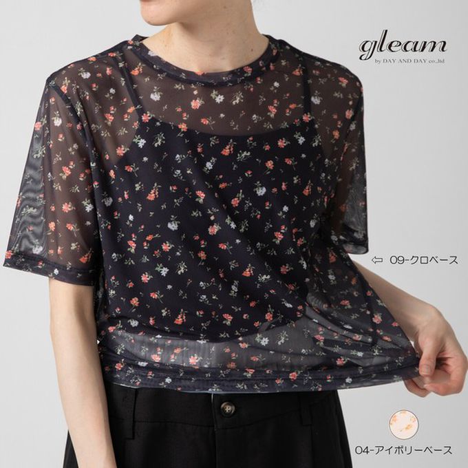 日本 gleam - 浪漫小花透膚薄紗短袖上衣-象牙米