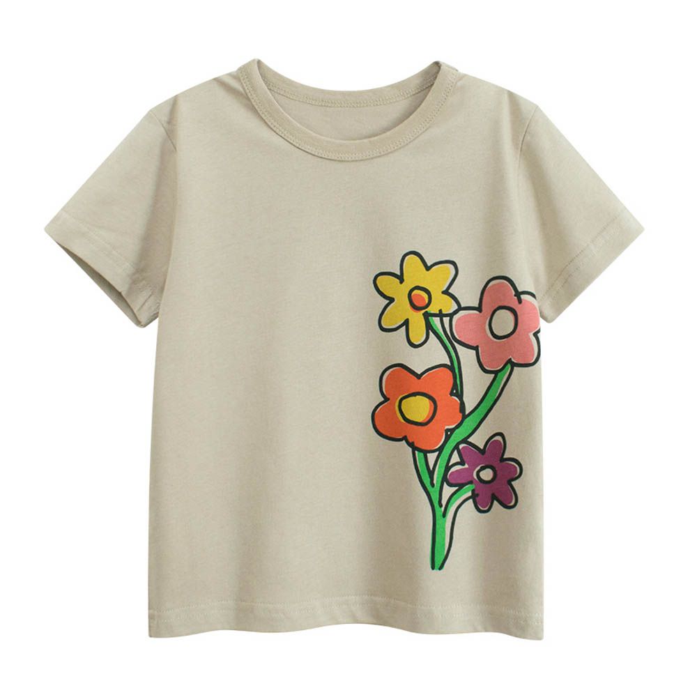 純棉短袖上衣-塗鴉花朵-淺卡其
