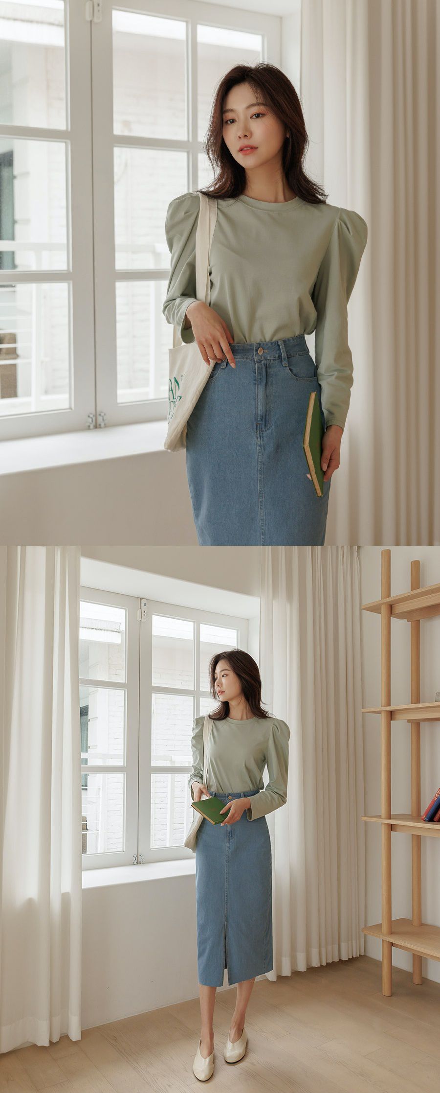 韓國 Urbantheroom - 彈性抓摺公主袖長袖上衣-灰綠 (Free)