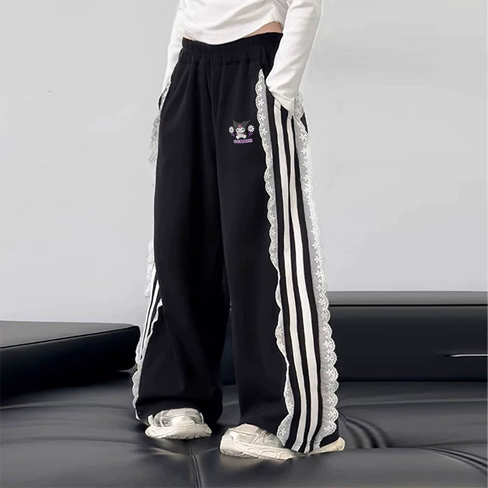 棉質側邊蕾絲拼接寬褲-卡通人物酷洛米-黑色