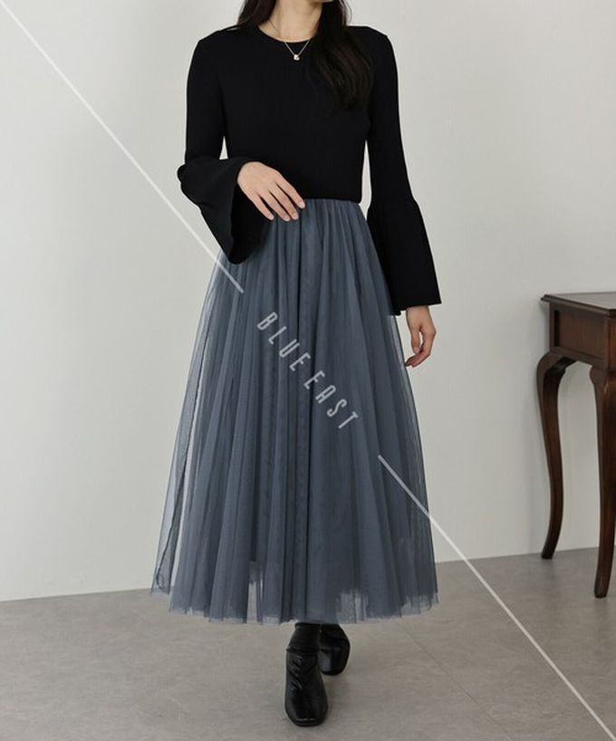 日本 BLUE EAST - 優雅薄紗拼接羅紋針織喇叭袖洋裝-黑