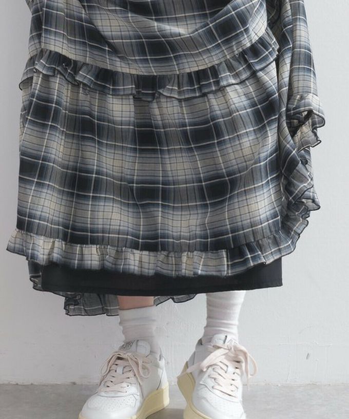 日本 Lupilien - 精緻格紋輕盈感分層俏麗長裙-黑白