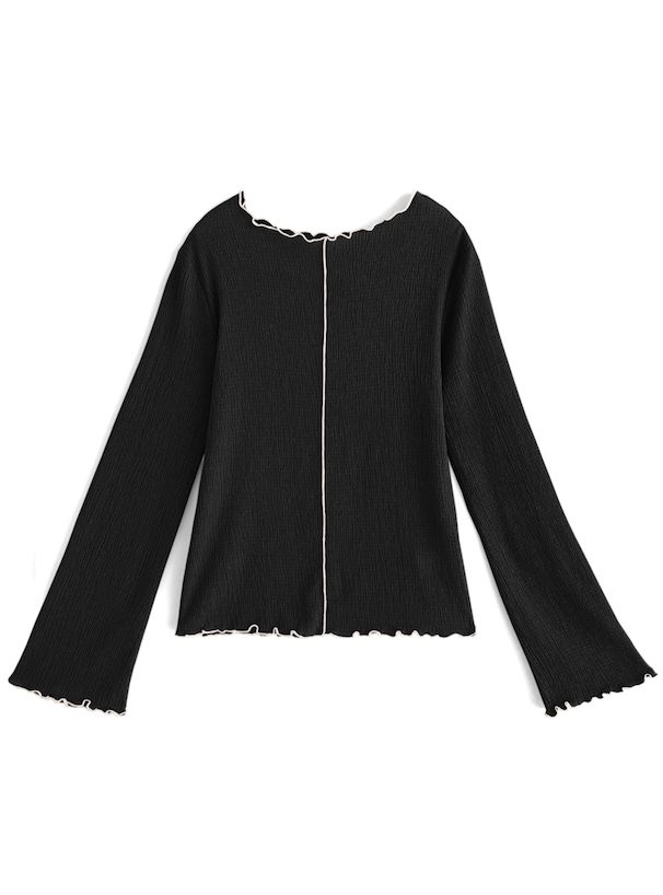 日本 GRL - 撞色木耳捲邊皺縮長袖上衣-黑x白 (F)