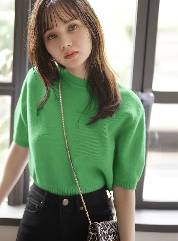 日本 GRL - 百搭短版五分袖針織上衣-淺橘