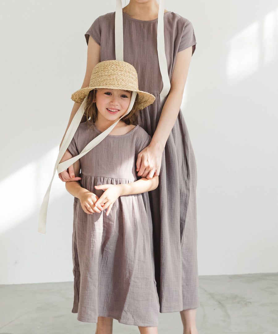 日本 PAIRMANON - 純棉微皺感短袖素色洋裝(孩子)-紅