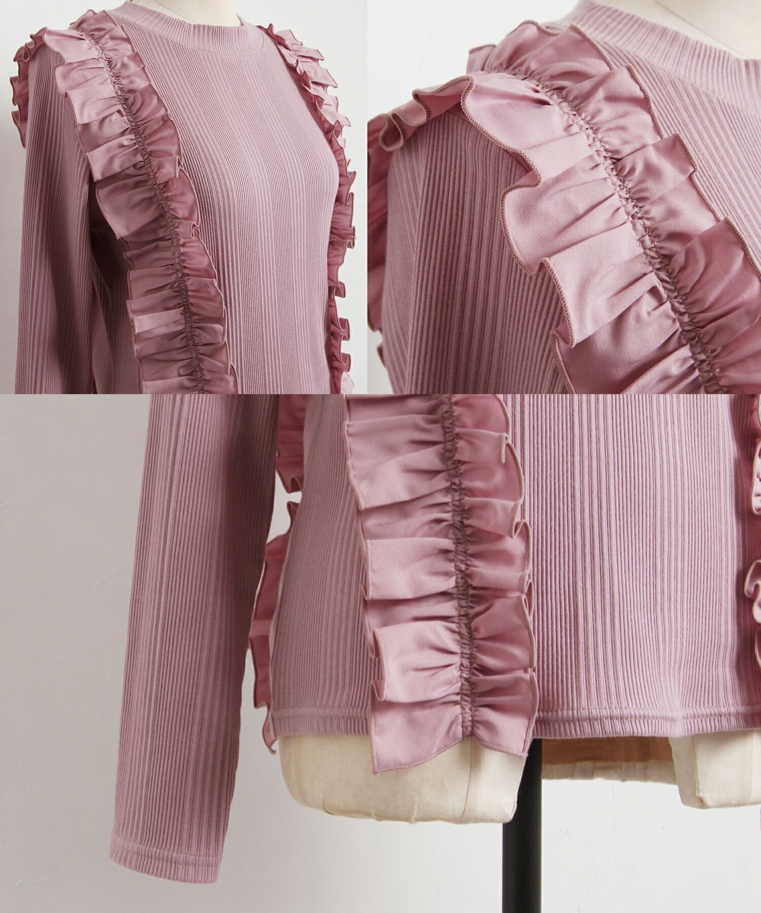 日本 tocco-closet - 奢華荷葉邊羅紋針織上衣-星塵粉