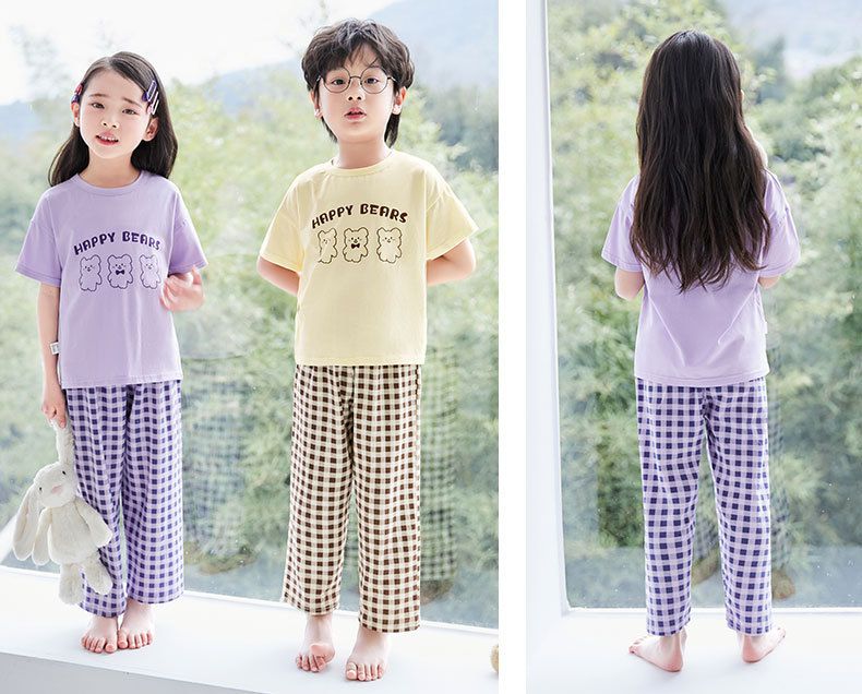 萊卡薄款短袖寬褲家居服套裝/空調服-熊熊+格子褲-奶油白