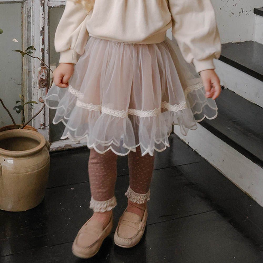 Puellaflo 鬆緊腰浪漫花瓣邊網紗蓬蓬裙-太妃糖