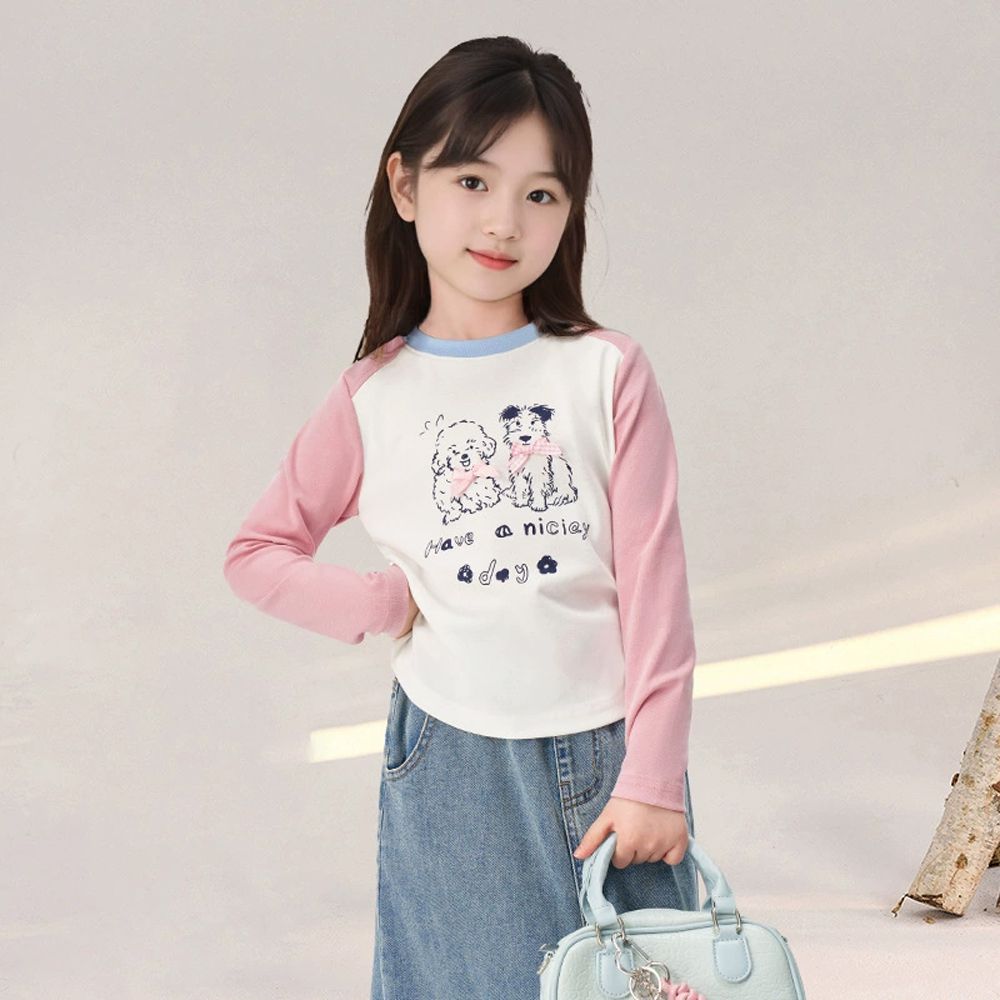 側抓皺撞色長袖上衣-萌趣印花-粉色