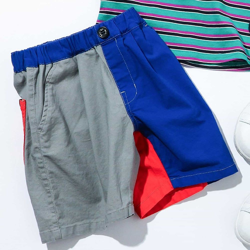 打褶俐落百搭五分褲-灰藍撞色