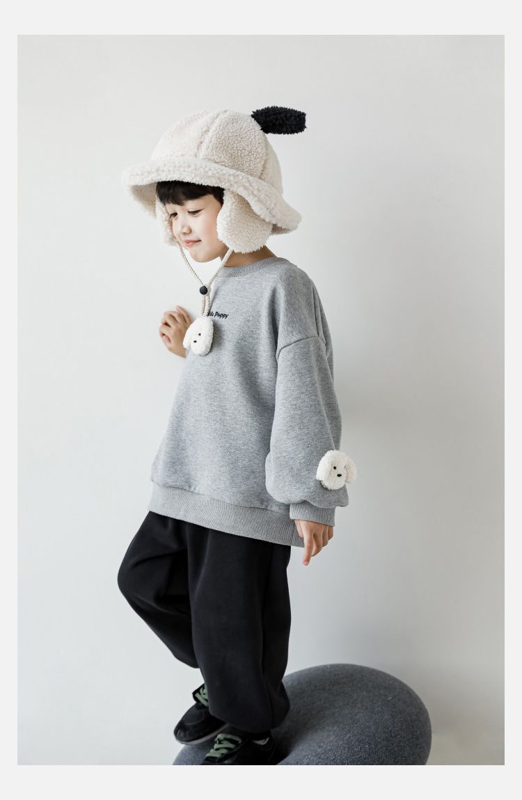 TONGMO - (加絨)立體圓領保暖長袖上衣/大學T-狗狗-淺麻灰色