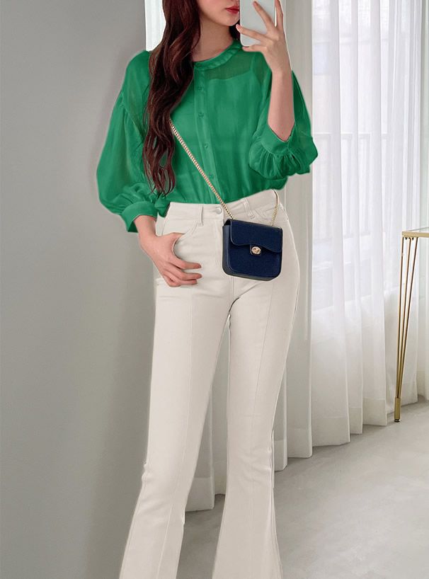 日本 GRL - 光澤感透膚澎袖輕薄七分袖襯衫-黑