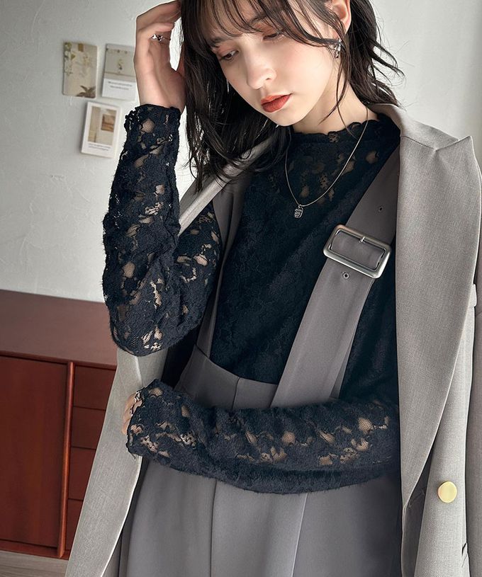 日本 Classical Elf - 夢幻透膚蕾絲小立領長袖上衣(無內裏)-白